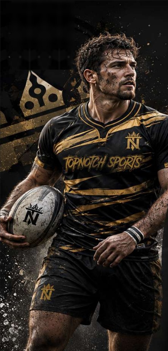 Rugby player in a black and gold Top Notch Sports custom uniform carrying a rugby ball